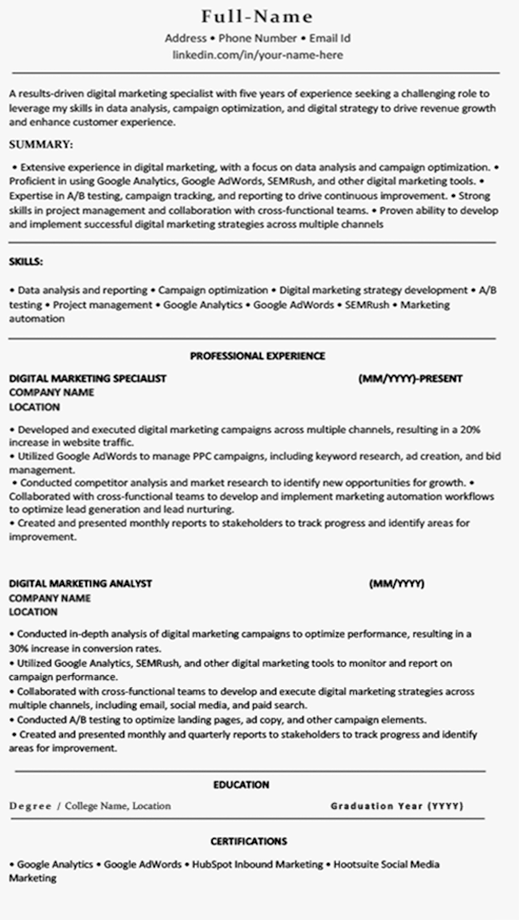 sample ats friendly resume template for experienced digital marketing professional